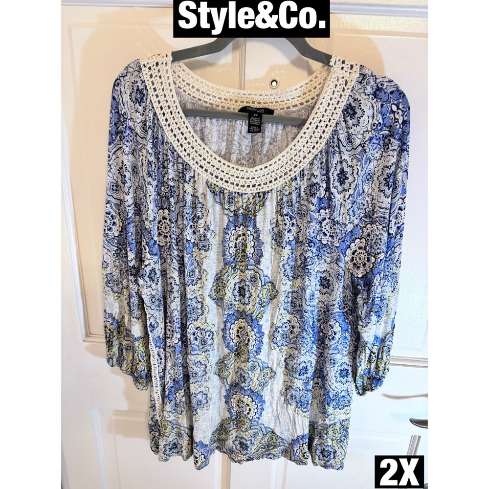 Style & Co. Women's Blue and White Crochet Neck Tunic with Crochet Neckline
